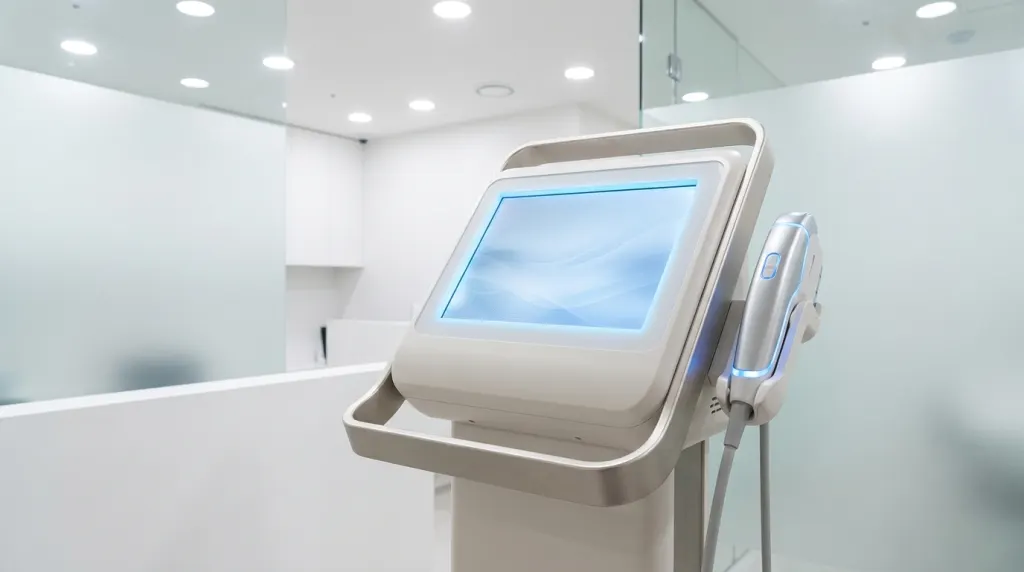 Next-generation MMFU/MPT HIFU aesthetic machine in a modern clinic, representing the future of faster, more comfortable non-invasive treatments.