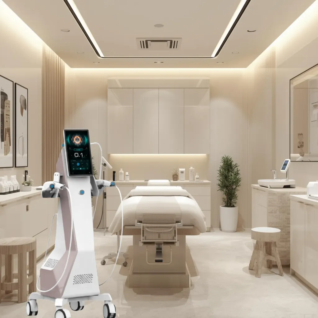 Modern skin clinic treatment room with a HIFU body contouring machine ready for a GLP-1 weight-loss client